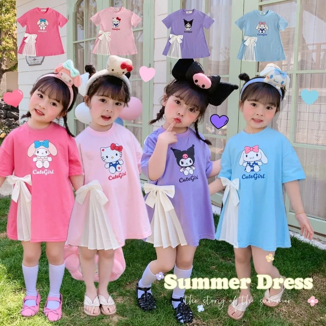 

Sanrios Anime Kawaii My Melody Kuromi Cinnamoroll Hellokittys Girls Dress Summer Cartoon Pleats Bow Knot T-Shirt Skirt Gifts