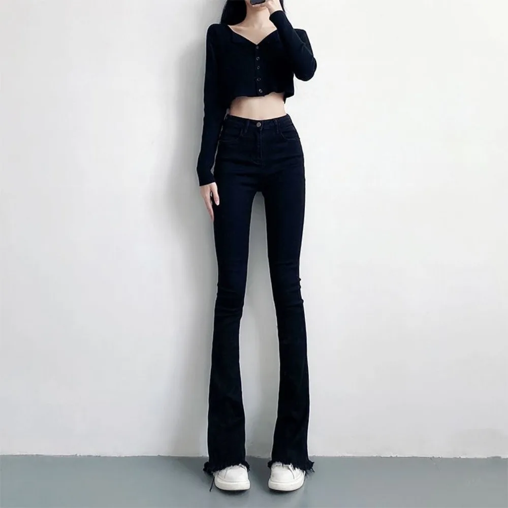 Узкие Эластичные черные женские джинсы повседневные брюки-клеш с высокой талией