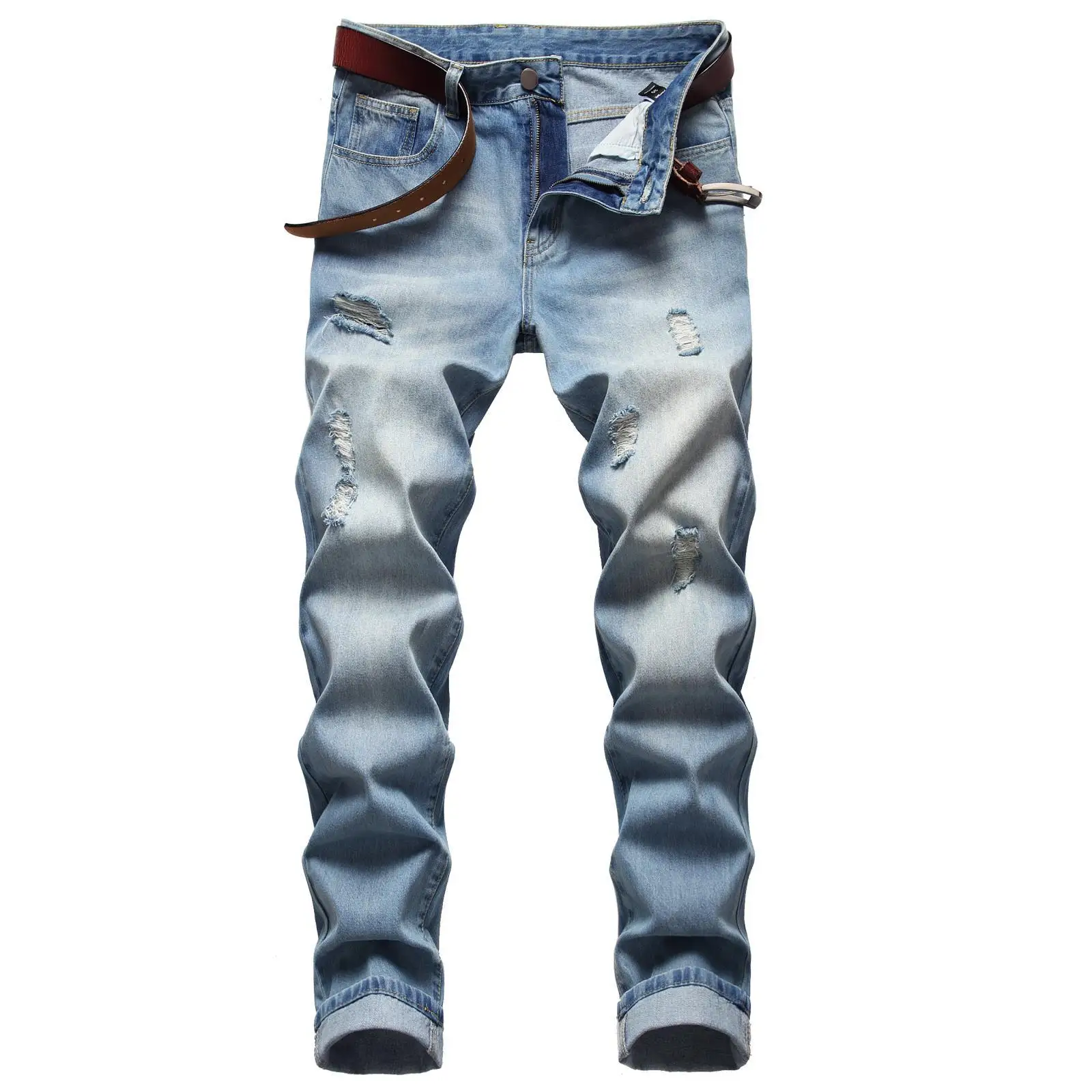 

Джинсы мужские стрейчевые, дизайнерские брюки в стиле пэчворк, хип-хоп, светлые синие джинсы с дырками, уличная одежда, узкие брюки из денима...