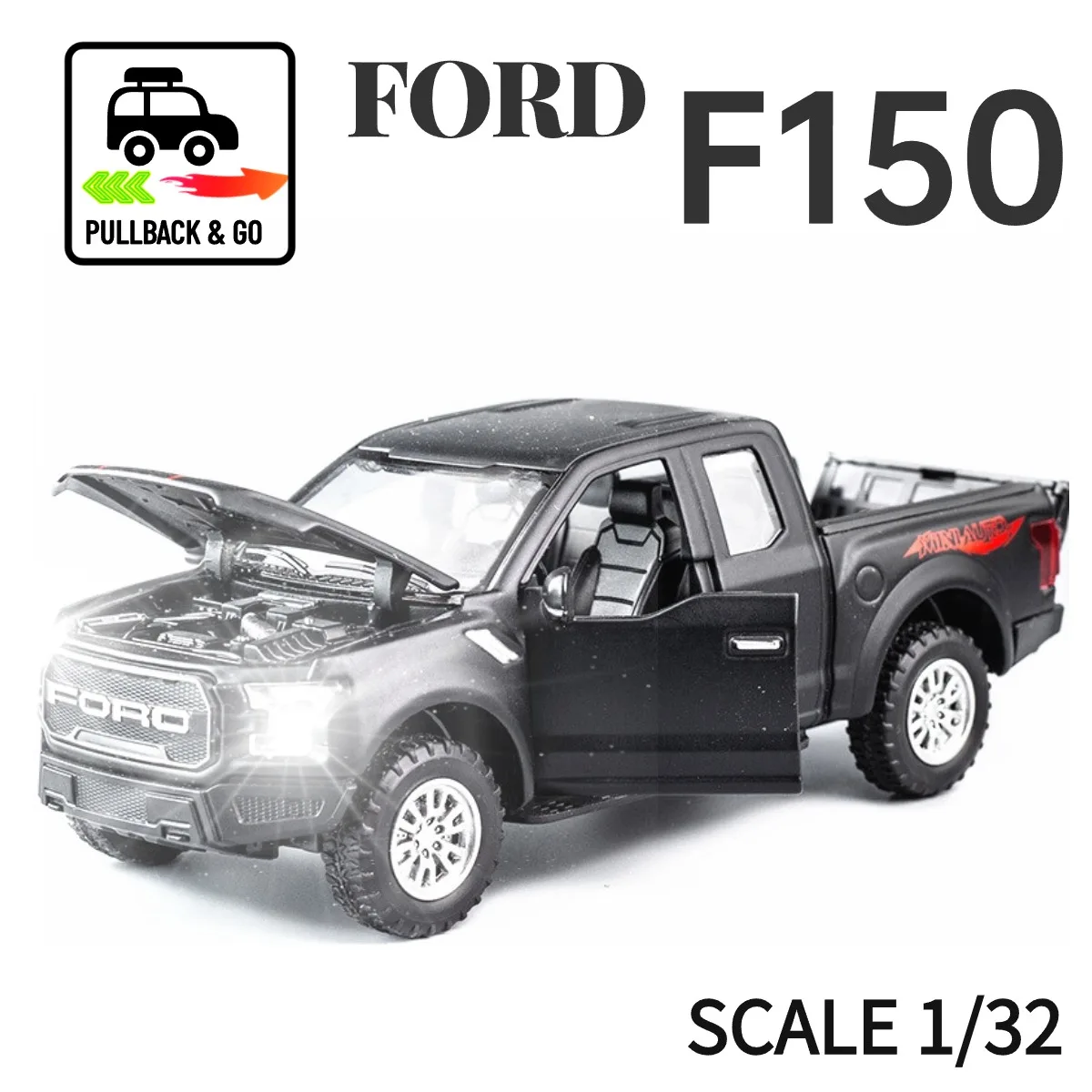 1:32 автомобиль Ford F150 Pullback игрушка с подсветкой звук двигателя литый под давлением