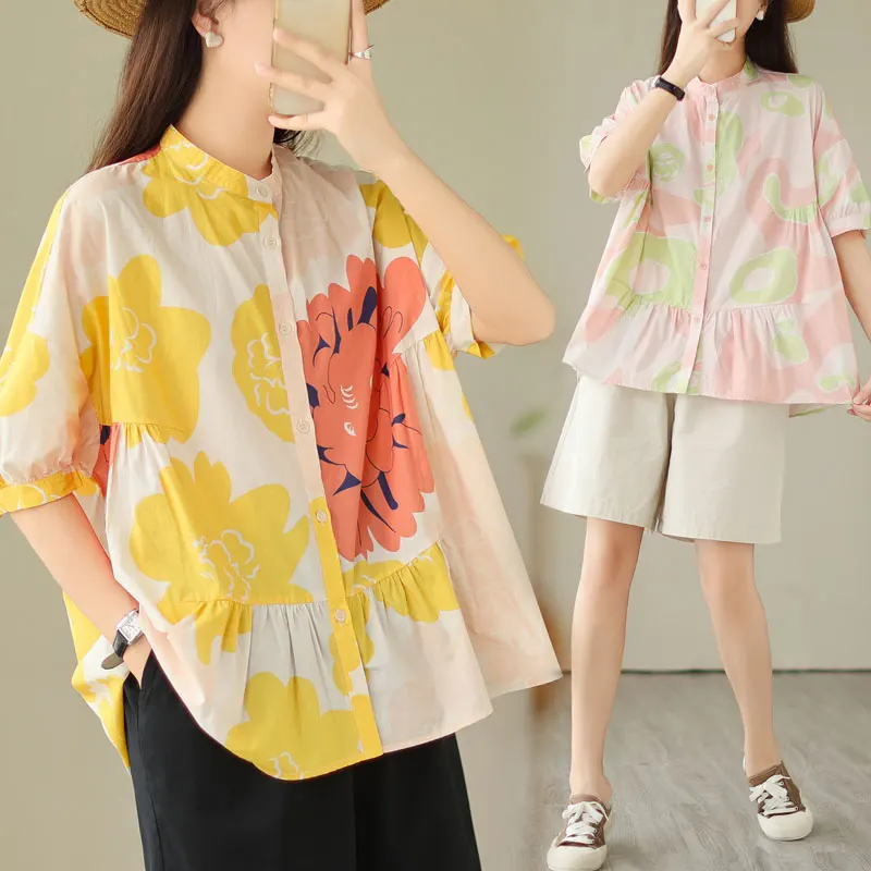 

YCMYUNYAN New Print Vintage Blouses Chinese Style Women's Shirts Summer Loose O-necks Ladies Clothing Short Sleeve Tops