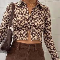 women turn down collar floral print top crop tshirts vintage long sleeve brown tees y2k fashion 90s club streetwear 2021 tops