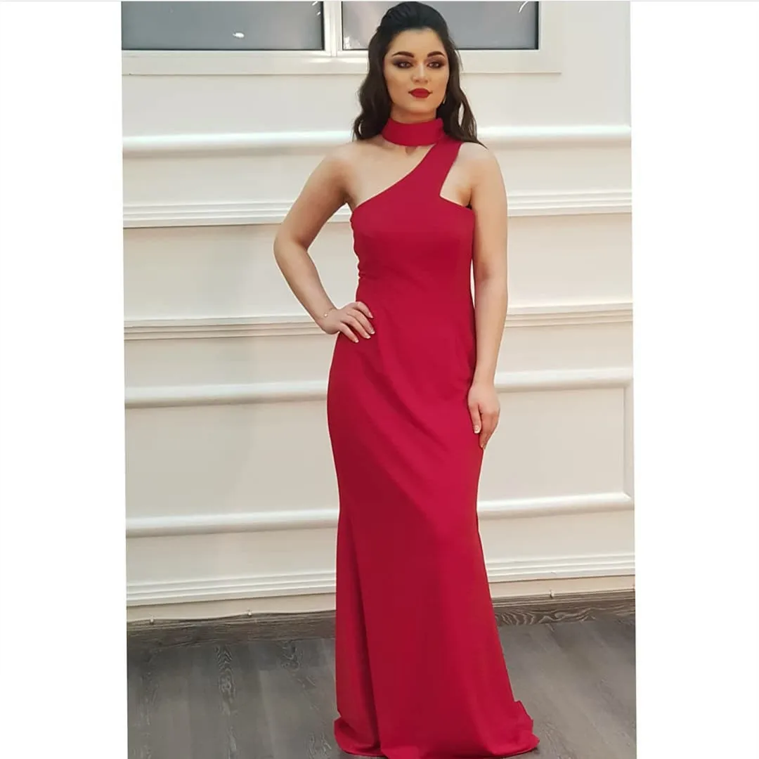 

Классические длинные красные вечерние платья из крепа, платье-Русалка на одно плечо с лямкой на шее и маленьким шлейфом, деловые платья для выпускного вечера