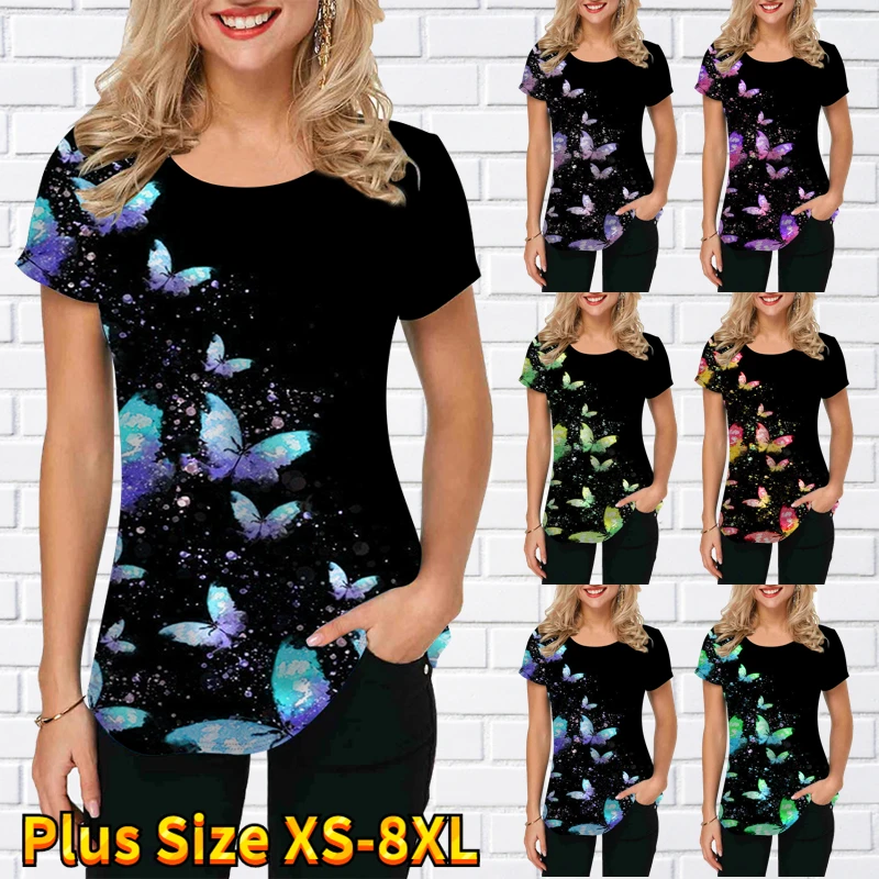 

Женская Винтажная Футболка с принтом бабочки, повседневный Свободный пуловер с круглым вырезом, лето 2022