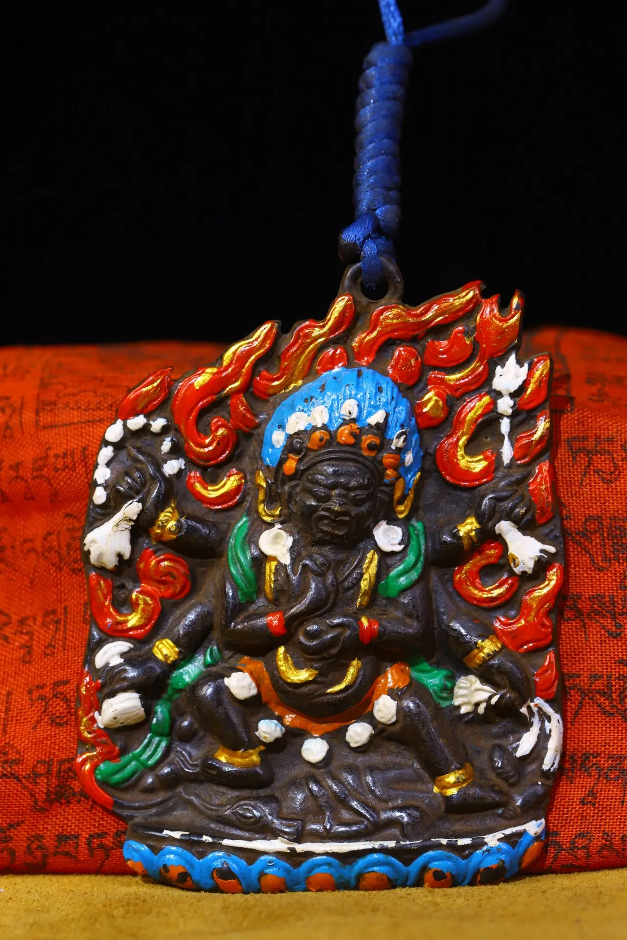 

4"Tibetan Temple Collection Old Bronze painted Six Arm Mahakala Buddha Pendant Amulet Dharma Town house Exorcism
