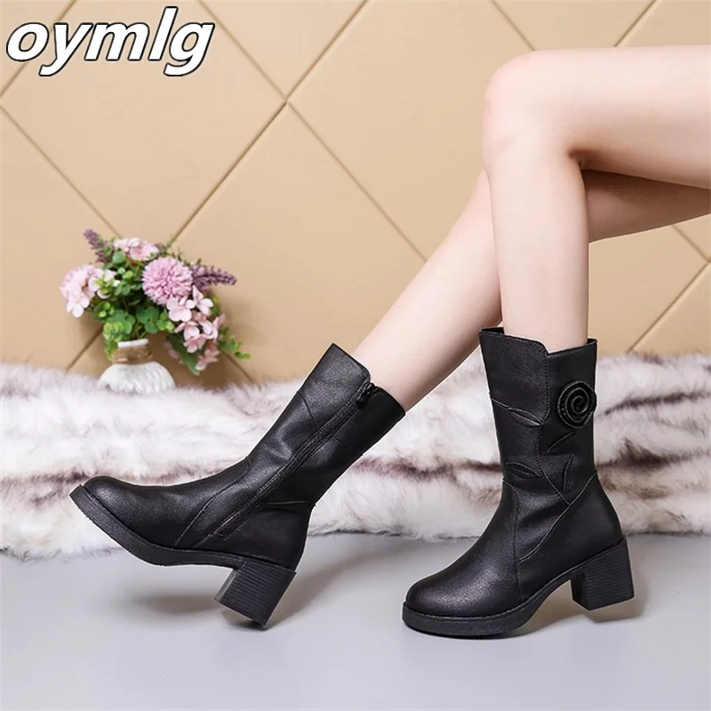 Autumn and winter new mid-boots women's new mid-heel plus velvet leather boots cotton shoes women's thick heel women's boots