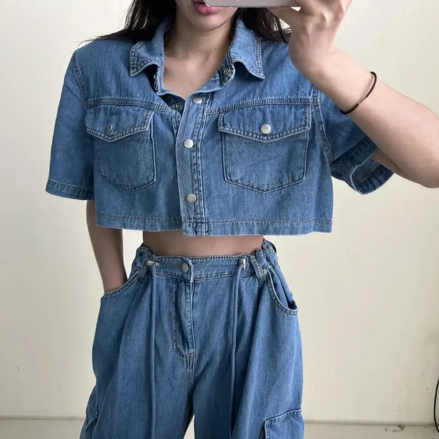 

Women Jacket Short Sleeve Denim Shirt Korean Style Pockets Button Jeans Jacket Woman Vintage Turn Down Collar Blouse Women
