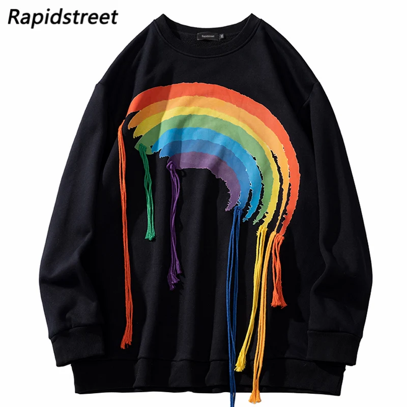 

Свитшот мужской в стиле хип-хоп, уличный пуловер с радужным принтом, хлопковая свободная флисовая кофта в стиле Харадзюку, Черный свитшот, в...