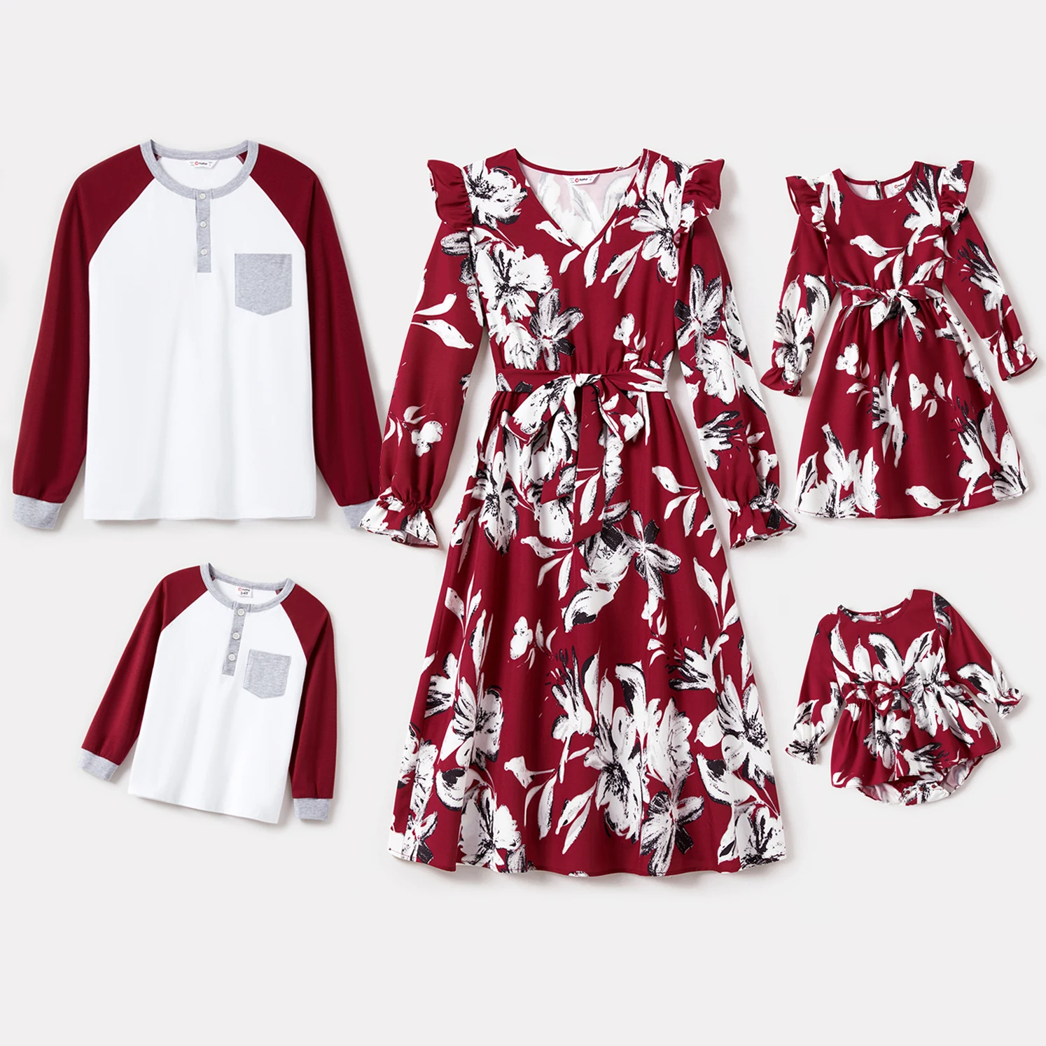 

PatPat Family Matching Allover Floral Print Belted Dresses and Colorblock Raglan-sleeve T-shirts Sets