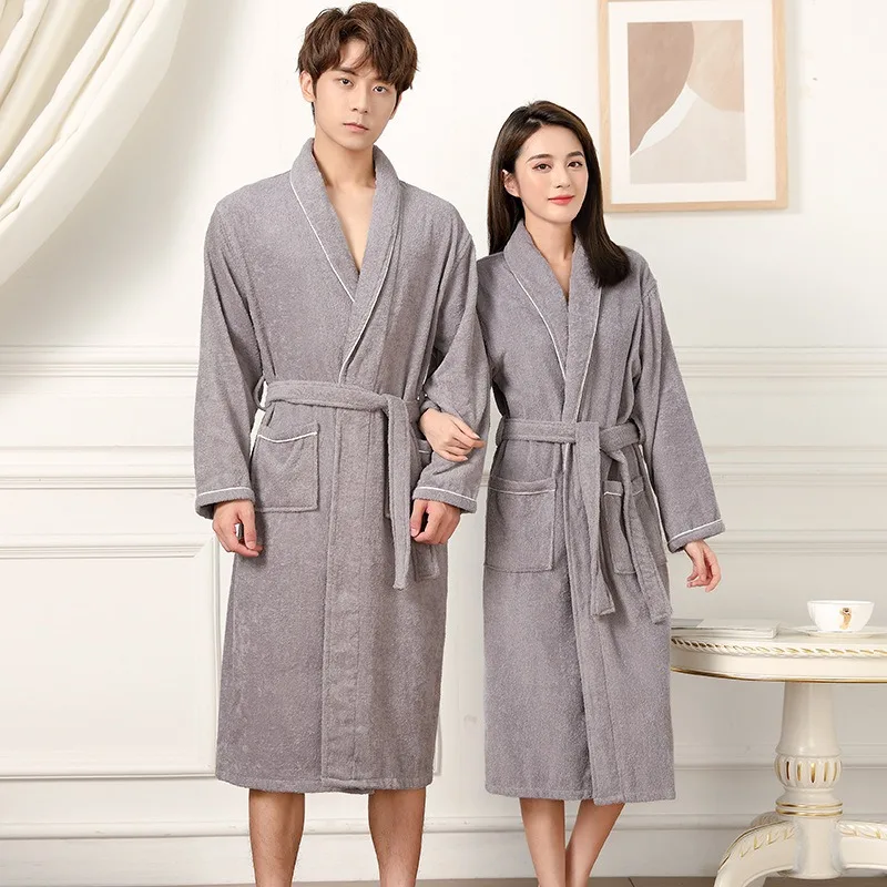 

100% Cotton Couples Long Thick Absorbent Terry Bath Robe Kimono Men Light Weight Towel Bathrobe Sleepwear Women Hotel Gown Robes