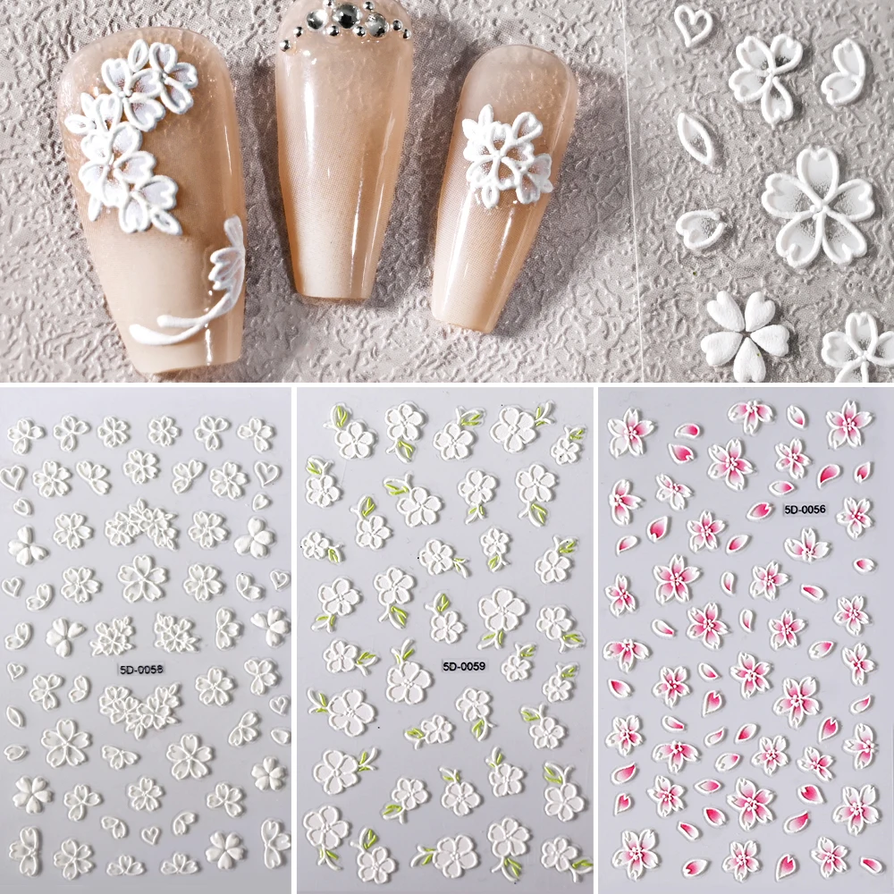

5D White Acrylic Flowers Nail Sticker Lace Wedding Design Floral Daisy Tulip Embossed Slidersliders Elegant Self Adhesive Decals
