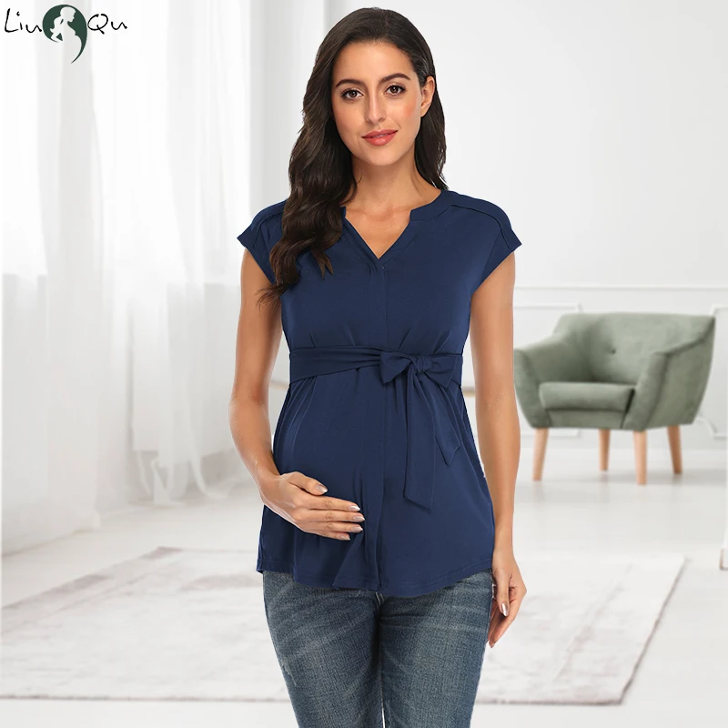 

New Maternity Tank Tops Women Pregnancy Sleeveless Tees Casual Pregnant Shirts with Belt Maternite Summer Classic Tops Clothing