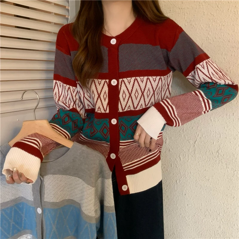 

Zoki Fashion Argyle Plaid Women Cardigan Sweater Casual O Neck New 2023 Long Sleeve Knit Cardigans Red Korean Loose Fall Coats