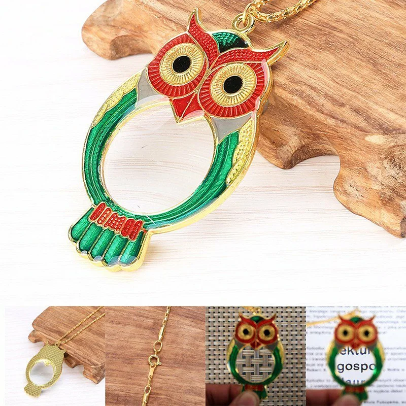 10X Owl Pendant Necklace Magnifier Mini Portable Magnifying Glass Reading Magnifier Tools Gold Plated Chain Necklace Gift