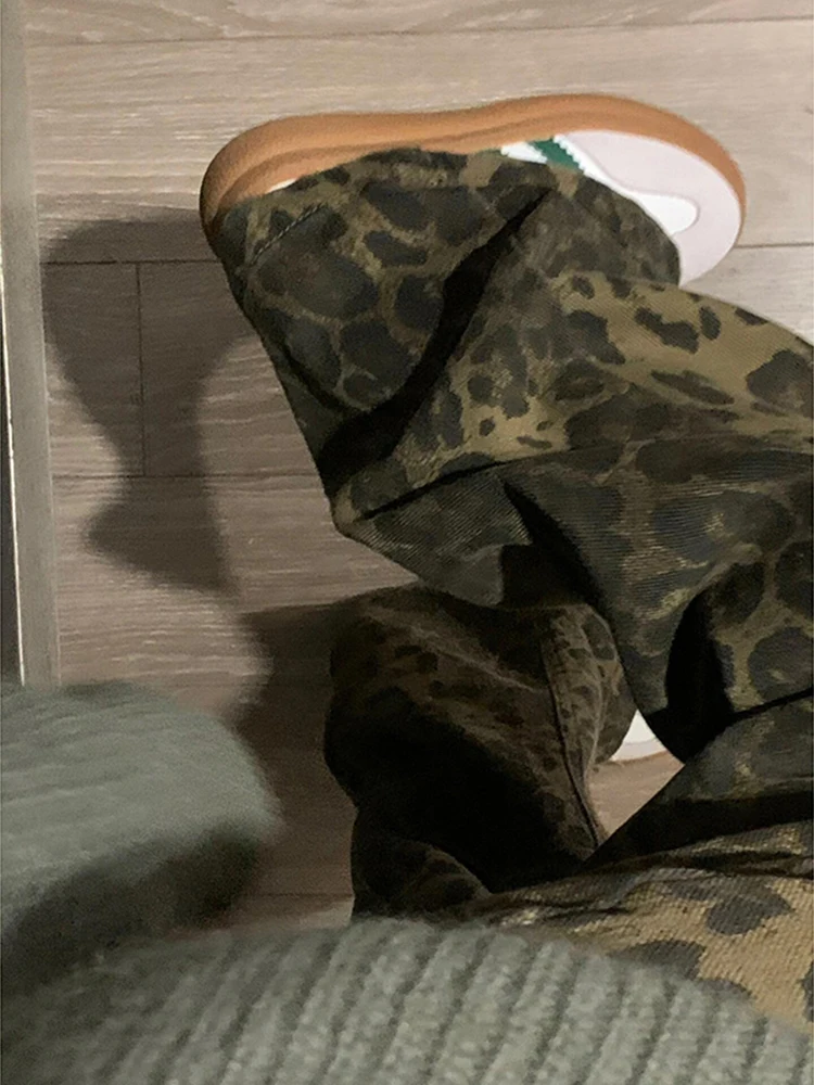 Большие размеры 50 00 кг джинсы с леопардовым принтом American High Street женские осенние