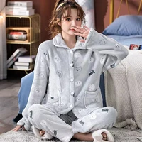 winter warm flannel pajamas sets women thick warm long sleeve pyjamas turn down collar sleepwear home suits ladies nightwear