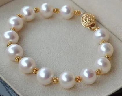 

HUGE NATURAL 10-11MM ROUND SOUTH SEA GENUINE WHITE PEARL BRACELET GOLD CLASP