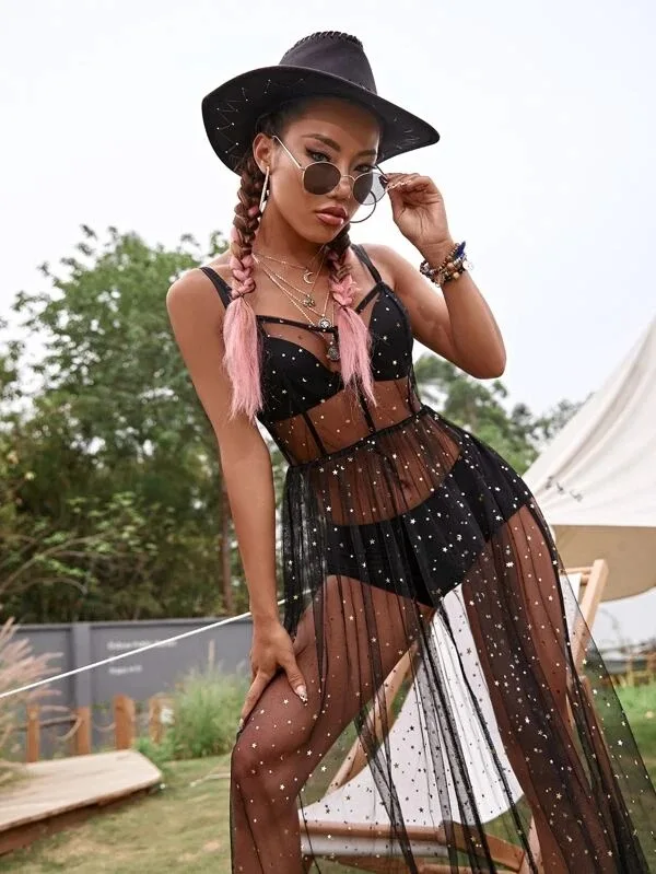 

Women's Mesh Yarn Ropa Sleeveless Beach Dress Women's Bikinis Cover Up Lightweight Poncho Holiday Summer Swimwear