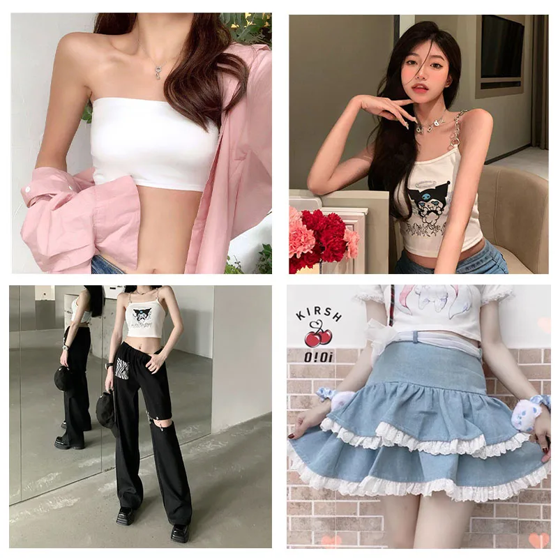 Sanrio Kuromi Top with Chain Hottie Design Woman Vest Fashion Streetwear Clothes Crop T Shirt Lace Cake Dresses Sets