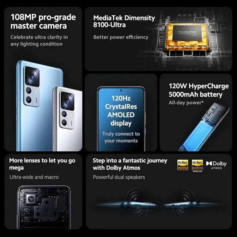 Cena Global Version Xiaomi 12T 12 T 5G Smartphone Cellphone MediaTek Dimensity 8100-Ultra 108MP Camera 120W HyperCharge 120Hz Display