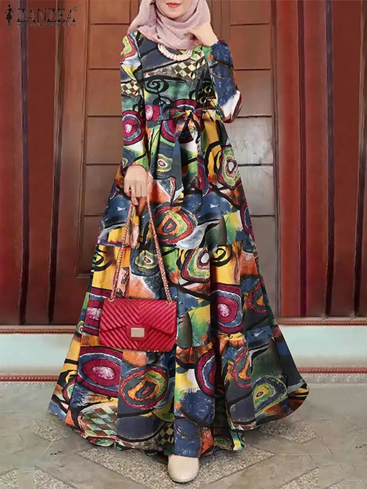 

ZANZEA Muslim Women Vintage Dress Summer O-Neck Floral Print Full Sleeve Abaya Kaftan Sundress Bohemian Casual Loose Robe
