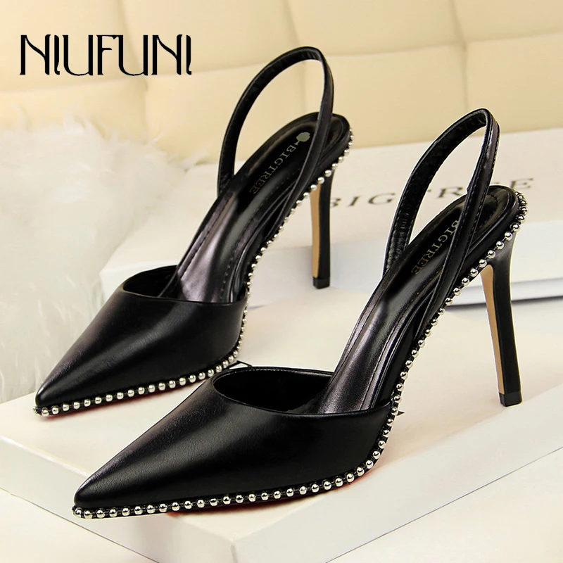 

Pointed Suede Beaded Women's Sandals Stiletto High Heels Elastic Straps Slingback Summer Dress Shoes Solid Color Slip On Pumps
