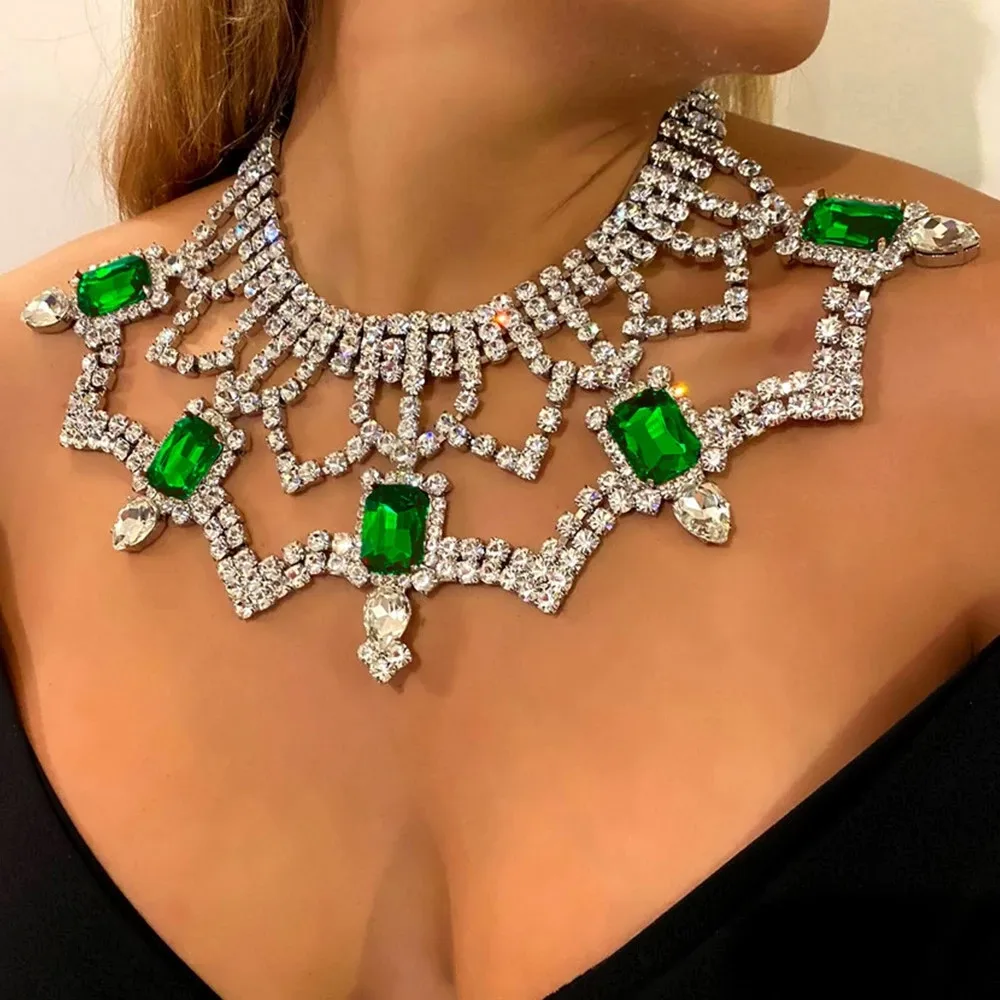 

Oversized Rhinestone Baroque Big Green Square Choker Neckalce Wedding Jewelry for Women Crystal Multilayer Bib Collar Choker