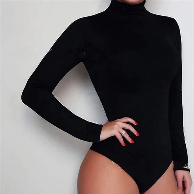 

Winter Elegant Slim Bodycon Black White Bodysuit Womens Sexy Solid Turtleneck Body Femme Long Sleeve Tops Autumn