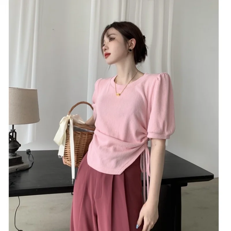 

Puff sleeve design niche short-sleeved T-shirt women's drawstring top