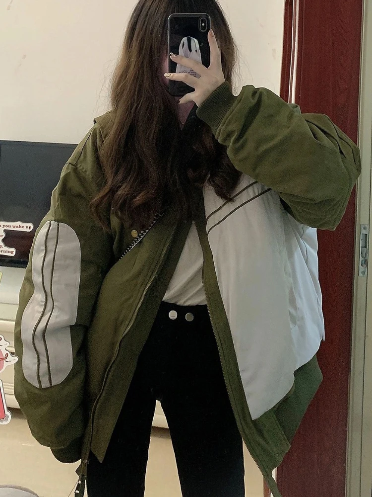 

Gothic Parkas Female 2023 Japanese Harajuku Streetwear Wadded Jackets Vintage Contrast Color Patchwork Punk Padded Coats Women