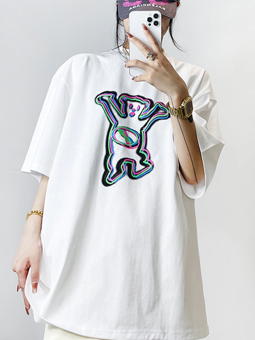 

Rainbow Phantom Bear Print Loose T Shirt Top Women Streetwear Round Neck Short Sleeve T-shirts Harajuku Summer T-shirts 2022