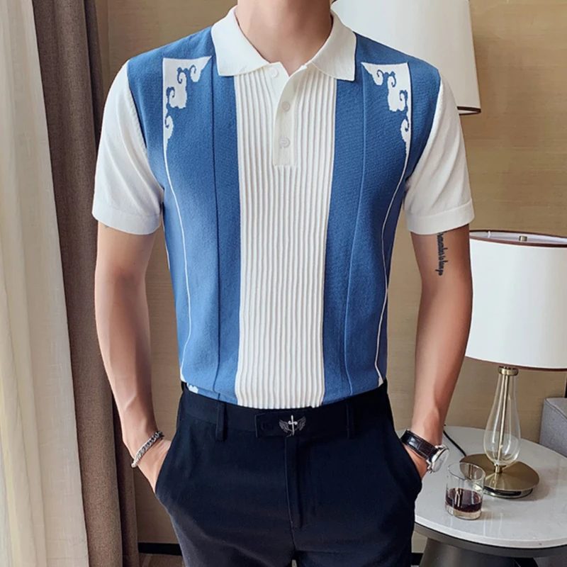 

2022 Summer Men Polo Shirts Casual Slim Knitted T-shirts Contrast Color Knitting Lapel Ice Silk Tee Tops Business Men Clothing