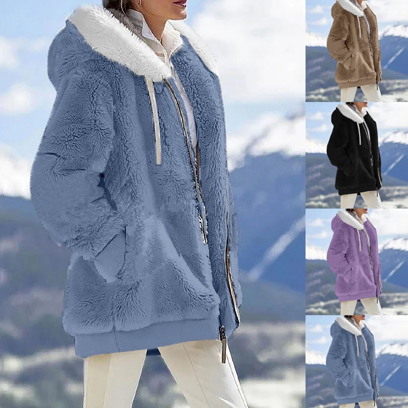 

Helisopus новое осенне-зимнее свободное плюшевое пальто однотонное теплое пальто на молнии с длинными рукавами и карманами с капюшоном Повседн...