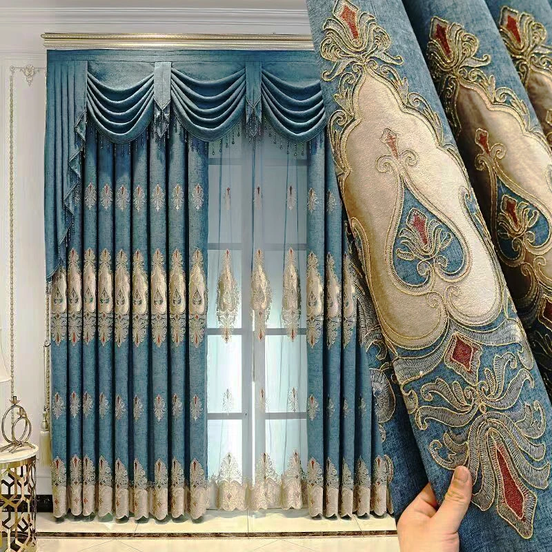 

European Thickened Embroidery, High-end Shading Curtains, Perforated Style, Living Room Balcony, Dining Room Decoration