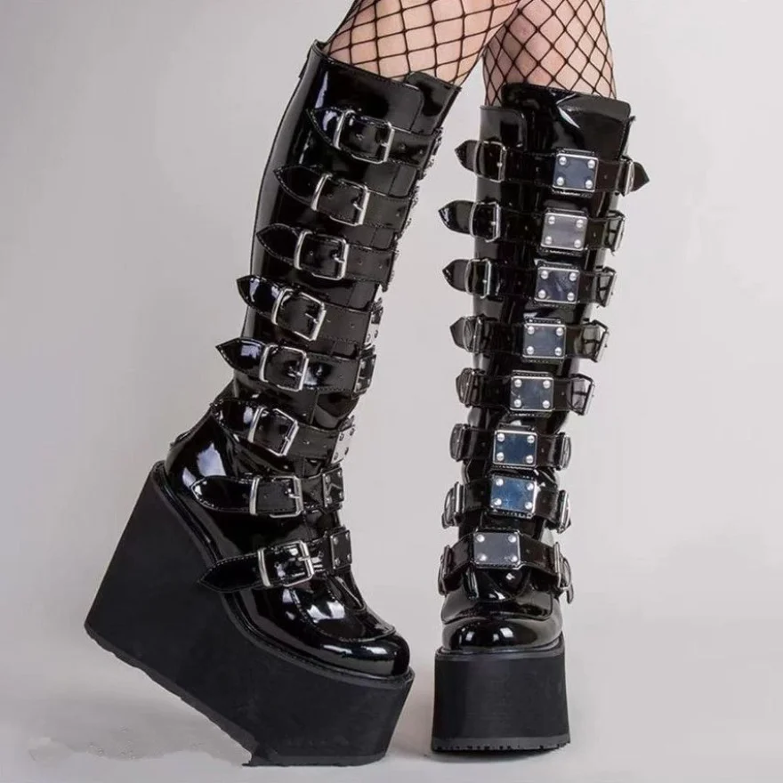 Demonia Gothic Boots 2023 Dark Rock Punk Platform Wedges Boots Knee-high Metal Round-toe Stacked Knight Boots Autumn Spring