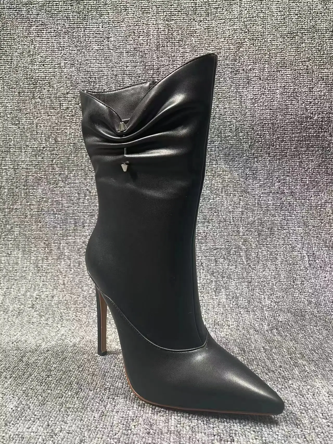 Woman Black Leather Thin High Heel Rivet Ankle Boots Concise New Botas Thin High Heels Female