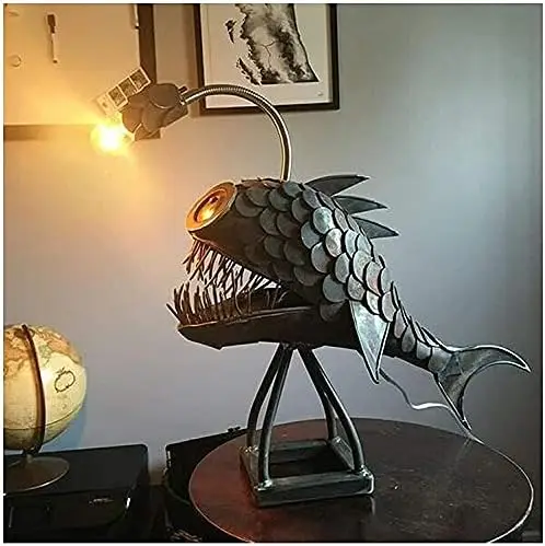 

Rustic USB Angler Fish Lamp Lamp Handmade Unique Lamp LED Light,Floor-Standing USB Interface Retro Table Lamps (Large) Ceiling