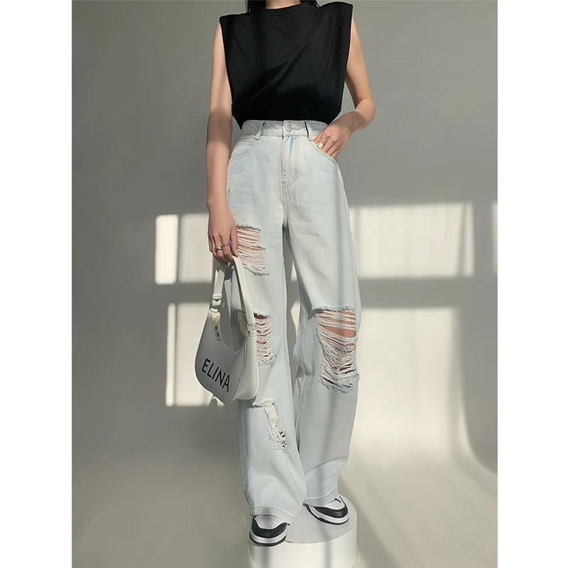

Women Vintage Ripped Jeans Blue Wide Leg Pants High Waist Baggy Straight Casual Self Cultivation Denim Trouser Ladies Summer