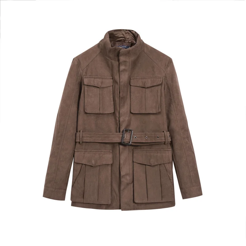 

Men's Imitation Suede Safari Jacket Double Zipper Casual Slim Vintage Coat Autumn Winter Designer Working Clothing for Man