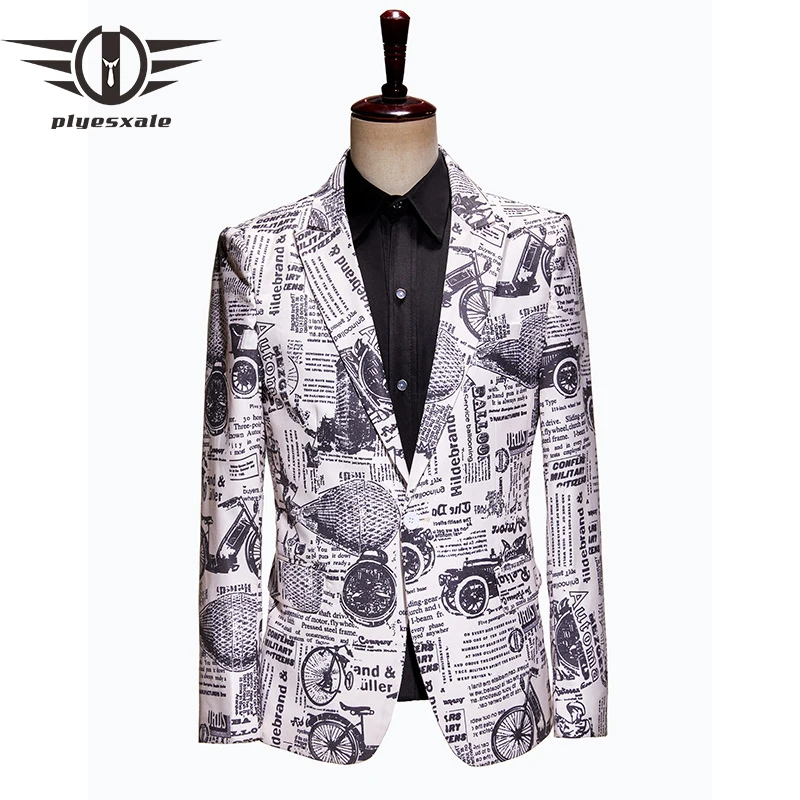 

Plyesxale Brand British Style Vintage Newspaper Pattern Blazers For Men Singer Costume Homme Casual Blazer Suit Jacket Male Q606