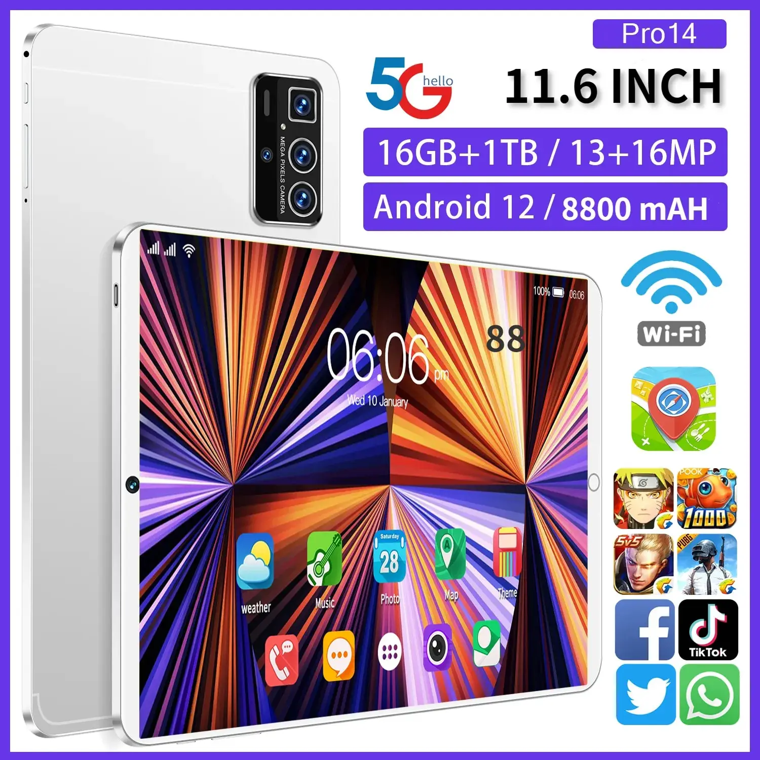 

10,1-дюймовый умный планшет, Android 11.0, 16 ГБ ОЗУ 1 ТБ ПЗУ, 2023 мАч, 13 МП + 16 МП, 10 ядер