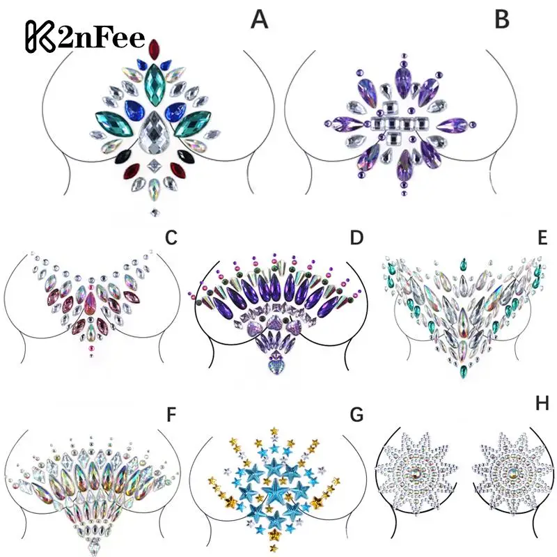 

3D Shiny Crystal Girl Temporary Tattoo Sticker Diamond Strip Carnival Party Chest Ornamen Chest Acrylic Rhinestone Chest Sticker