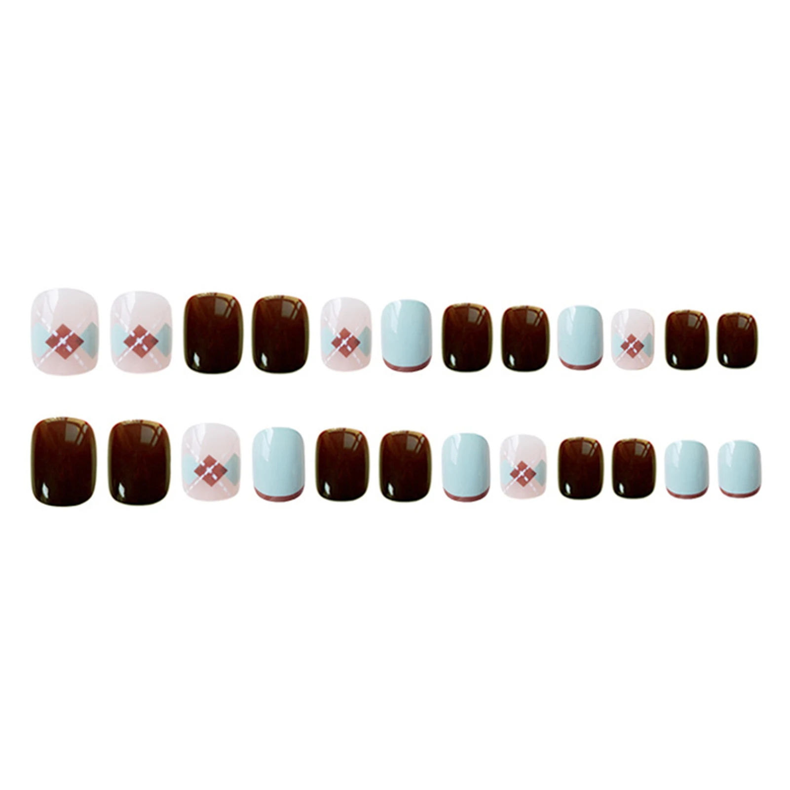 

Unha Postiça 24PCS Checkered Press On Nails French Style Wearable Full Cover Short Nails
