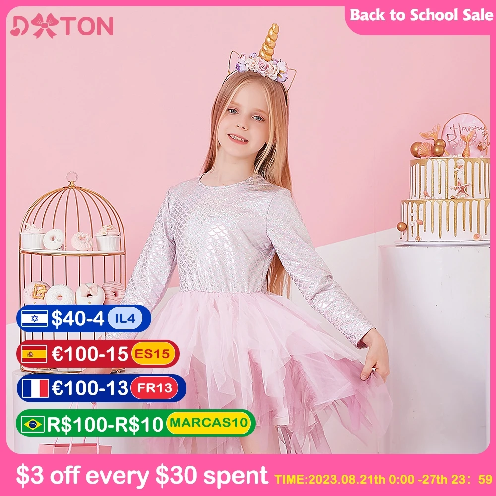 

DXTON Girls Elegant Dress Kids Mermaid Print Dresses Children Birthday Party Layered Princess Cute Irregular Long Sleeve Dresses