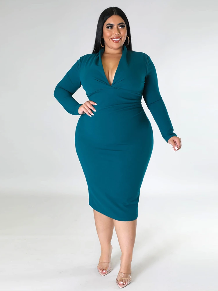 

Plus Size Party Dress Elegant Women V Neck Long Sleeve High Waist Knee Length Office Ladies Cocktail Busniess Evening Outfits