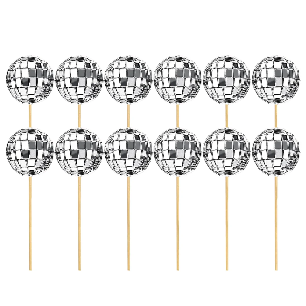 

12 Pcs Dance Party Decorations Disco Cake Sign Inset Ball Wedding Wood + Glass Decors Cupcake Toppers Decorative Pick