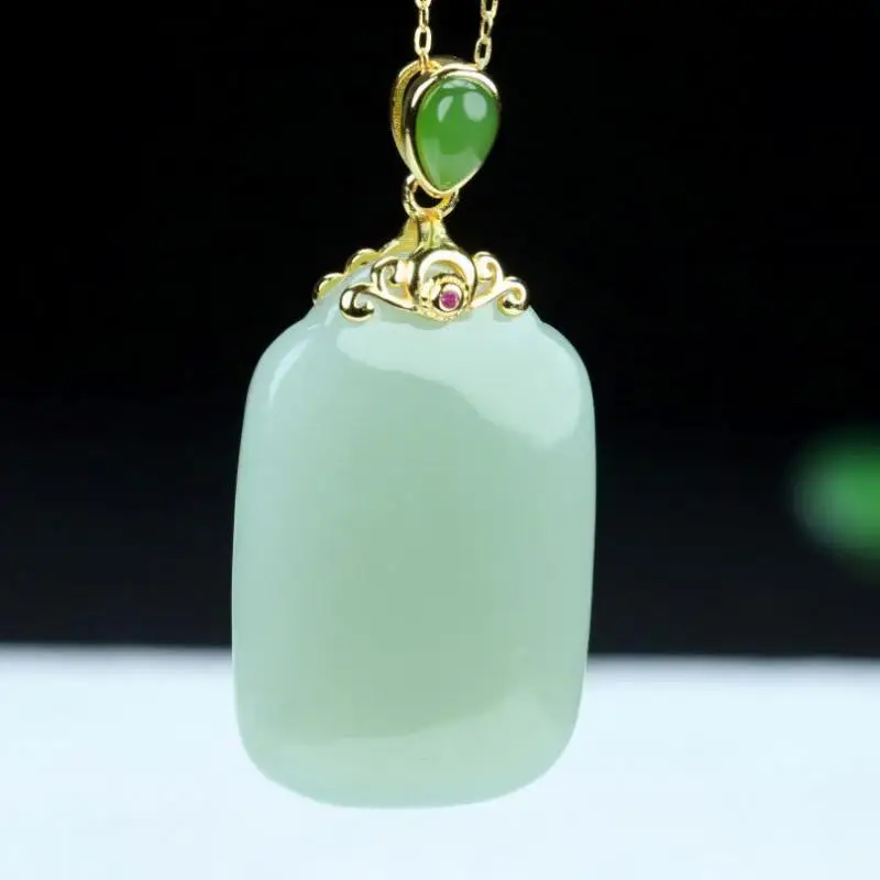 20*30mm Light Green Jades Rectangular Blank Pendant 925 Sterling Silver Jasper Ruby Hetian Jades Nephrite Charms Amulet Necklace