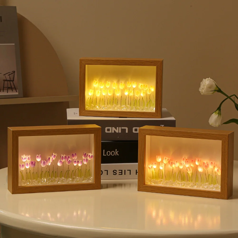 

Photo Frame Tulip Night Lamp Battery Powered Ambient Light Ornaments Simulation Tulip Light for Living Room Bedroom Office Decor