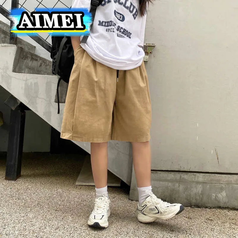 Women's Harajuku Oversize Khaki Cargo Shorts Women Japanese Style Streetwear Wide Leg Knee Length Pants Hippie Black Trousers