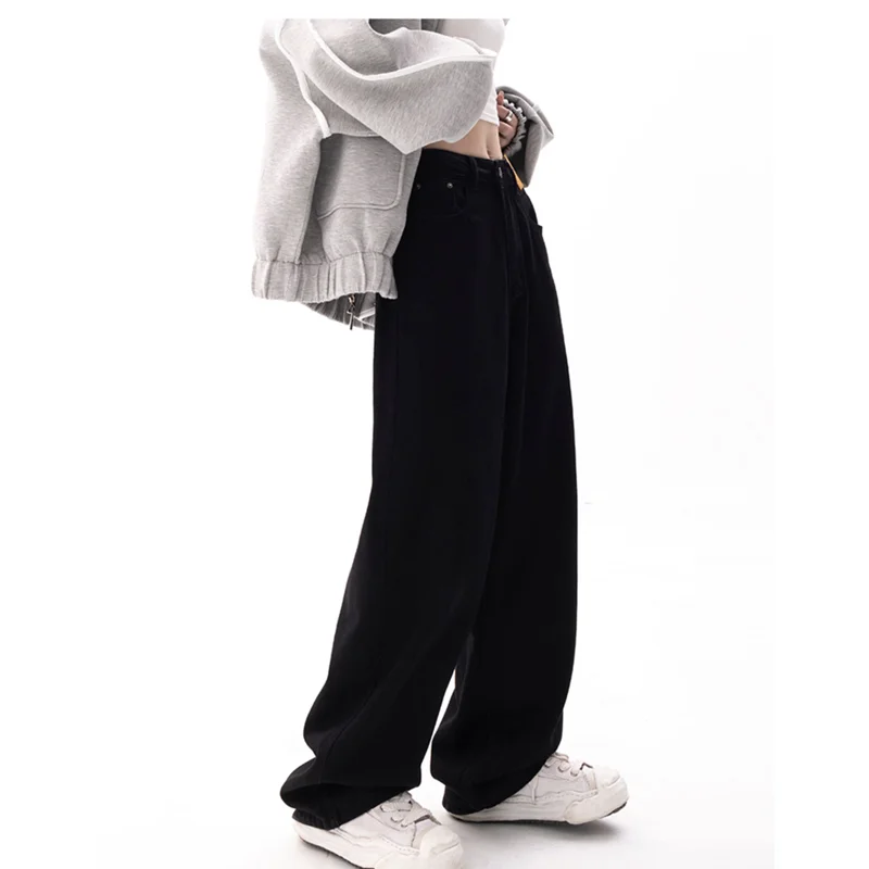 Women's 2022 New Pattern Vintage Recreational Black Mopping The Floor Broad Leg Jeans Loose Straight Cylinder Trousers Autumn